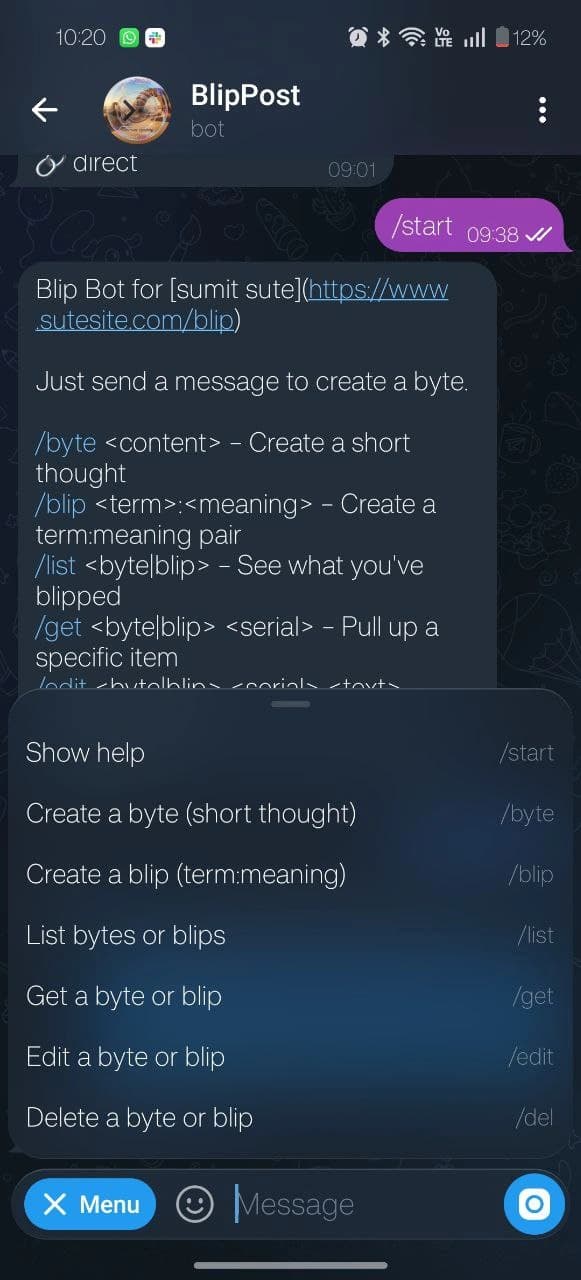 Telegram UX screenshot with a quick byte capture