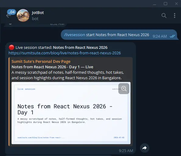 Telegram reply to /livesession start with the live page URL and OG card preview