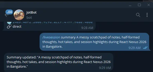 Telegram /livesession summary reply confirming the session summary was updated