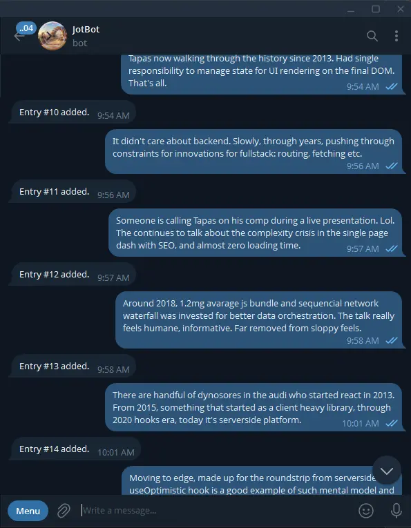 Telegram chat of raw React Nexus conference notes, each answered by an Entry #N added. receipt