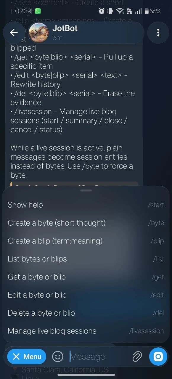 JotBot help text documenting that plain messages become session entries during a live session, with /byte to force a byte