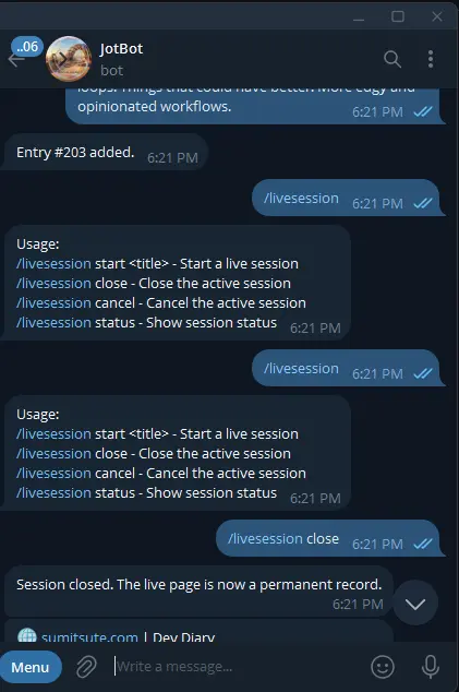 Telegram replies showing the /livesession usage refresher after a bare command and the session closed confirmation